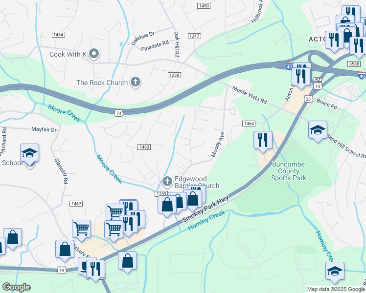 map of restaurants, bars, coffee shops, grocery stores, and more near 8 Mosers Place in Candler