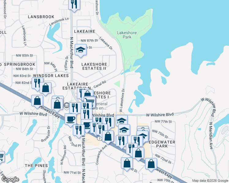 map of restaurants, bars, coffee shops, grocery stores, and more near 8112 West Lakeshore Drive in Oklahoma City