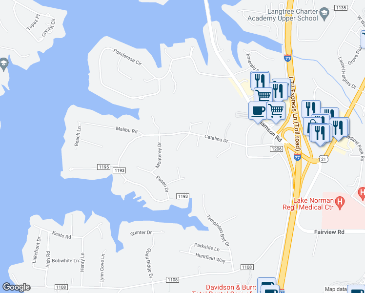 map of restaurants, bars, coffee shops, grocery stores, and more near 115 Knox Haven Lane in Mooresville