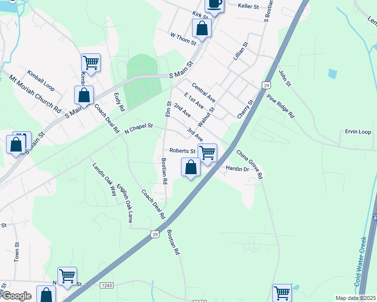 map of restaurants, bars, coffee shops, grocery stores, and more near 74 Walnut Street in China Grove