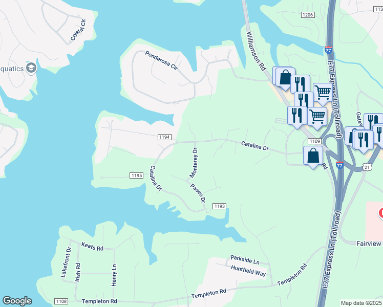 map of restaurants, bars, coffee shops, grocery stores, and more near 112 Monterey Drive in Mooresville