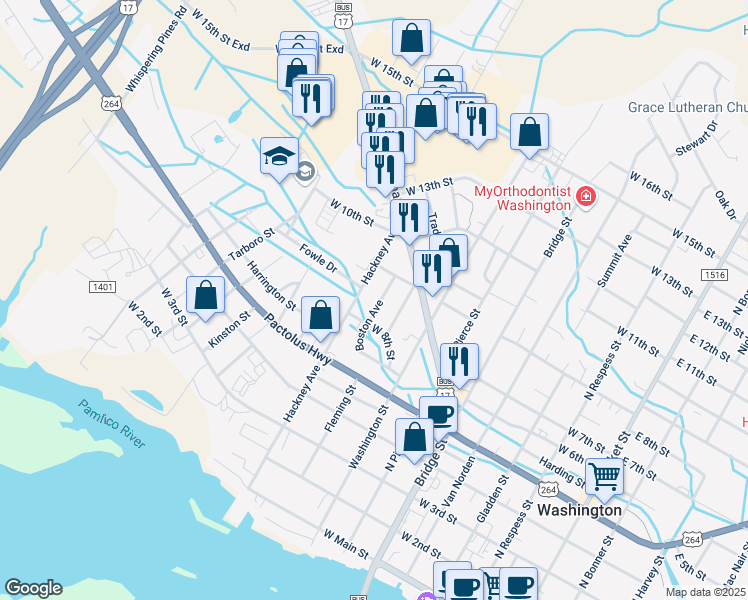 map of restaurants, bars, coffee shops, grocery stores, and more near 845 Hackney Avenue in Washington