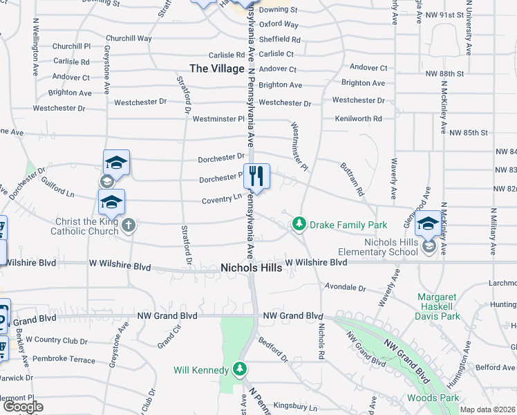 map of restaurants, bars, coffee shops, grocery stores, and more near 1700 Coventry Lane in Nichols Hills