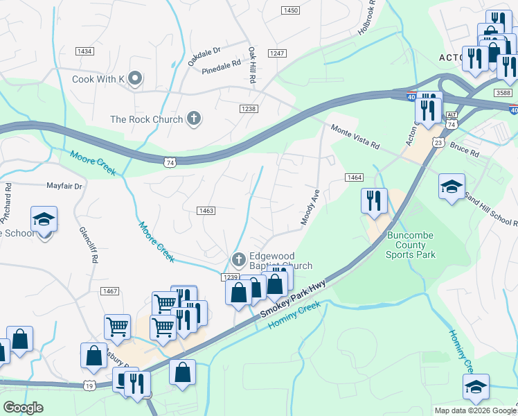map of restaurants, bars, coffee shops, grocery stores, and more near 8 Mosers Place in Candler