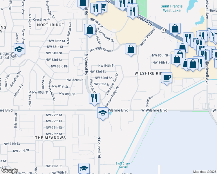 map of restaurants, bars, coffee shops, grocery stores, and more near 7805 Northwest 81st Street in Oklahoma City