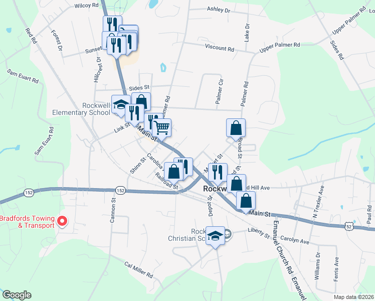 map of restaurants, bars, coffee shops, grocery stores, and more near 118 Fesperman Street in Rockwell
