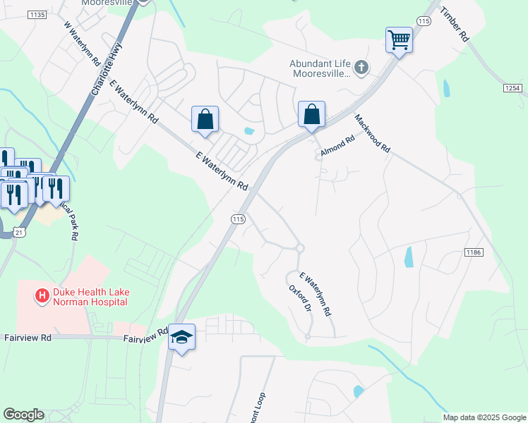 map of restaurants, bars, coffee shops, grocery stores, and more near 282 East Waterlynn Road in Mooresville