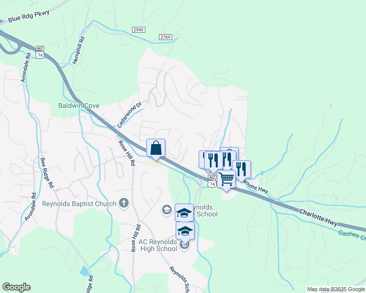 map of restaurants, bars, coffee shops, grocery stores, and more near 31 Winterwind Drive in Asheville