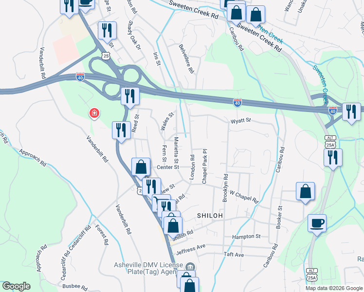 map of restaurants, bars, coffee shops, grocery stores, and more near 585 Marietta Street in Asheville