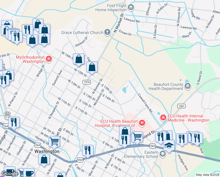 map of restaurants, bars, coffee shops, grocery stores, and more near 300 East 15th Street in Washington