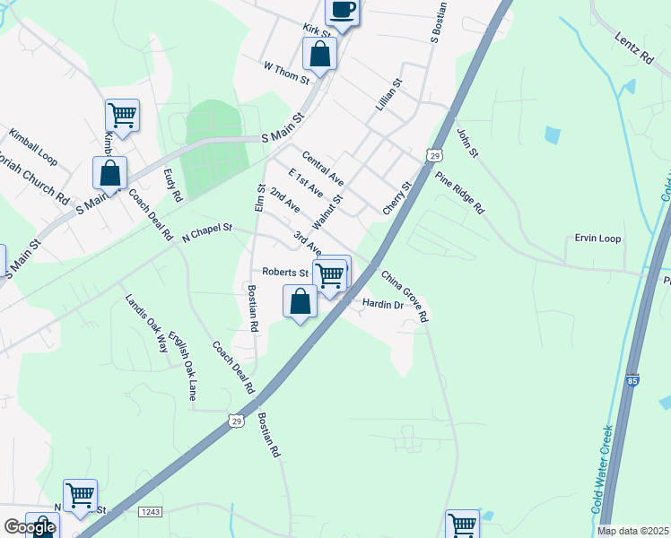 map of restaurants, bars, coffee shops, grocery stores, and more near 1135 Roberts Street in China Grove