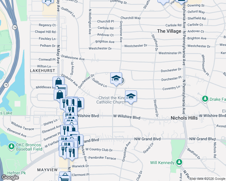 map of restaurants, bars, coffee shops, grocery stores, and more near 2609 Guilford Lane in Oklahoma City