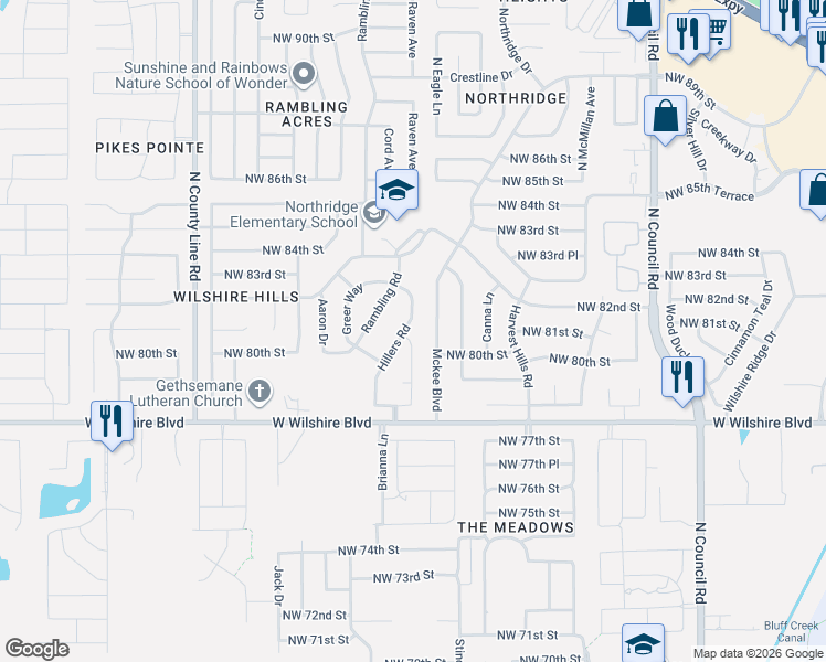 map of restaurants, bars, coffee shops, grocery stores, and more near 8121 Mckee Boulevard in Oklahoma City
