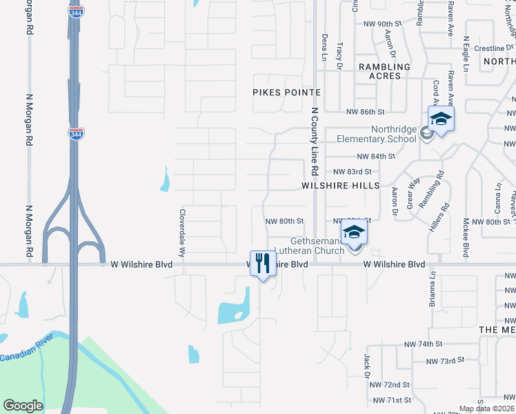 map of restaurants, bars, coffee shops, grocery stores, and more near 9045 Northwest 81st Street in Yukon