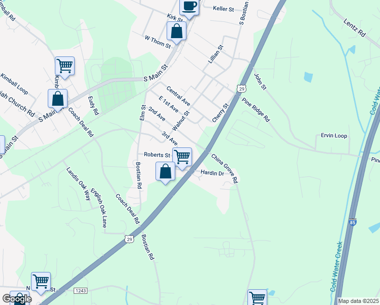 map of restaurants, bars, coffee shops, grocery stores, and more near 1143 Roberts Street in China Grove