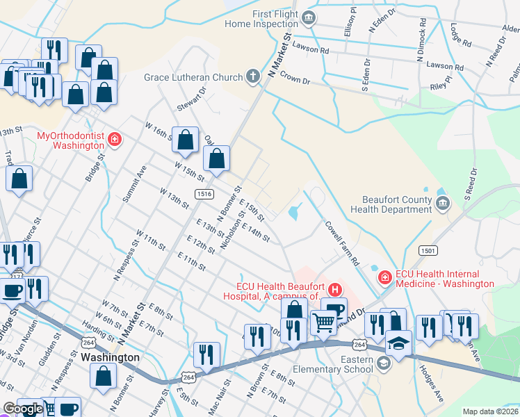 map of restaurants, bars, coffee shops, grocery stores, and more near 300 East 15th Street in Washington