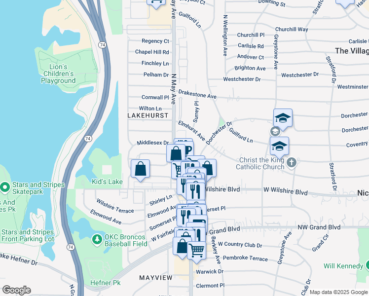 map of restaurants, bars, coffee shops, grocery stores, and more near 8106 North May Avenue in Oklahoma City