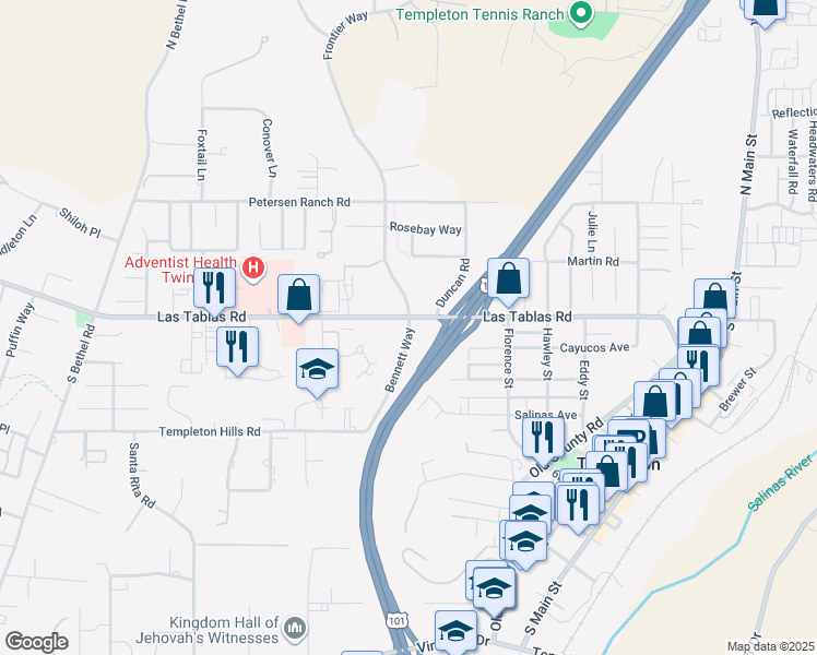 map of restaurants, bars, coffee shops, grocery stores, and more near 2 Bennett Way in Templeton
