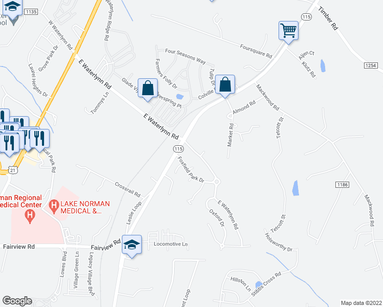 map of restaurants, bars, coffee shops, grocery stores, and more near 282 East Waterlynn Road in Mooresville