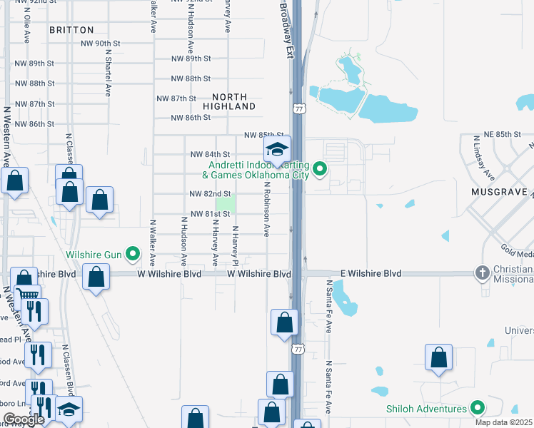 map of restaurants, bars, coffee shops, grocery stores, and more near North Robinson Avenue in Oklahoma City