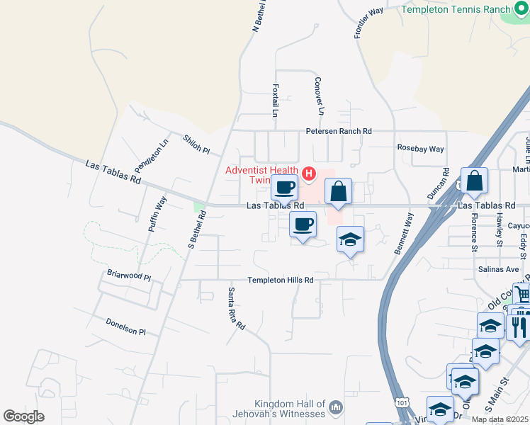 map of restaurants, bars, coffee shops, grocery stores, and more near Las Tablas Road in Templeton