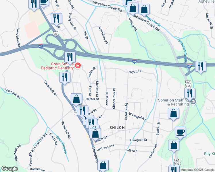 map of restaurants, bars, coffee shops, grocery stores, and more near 358 London Road in Asheville