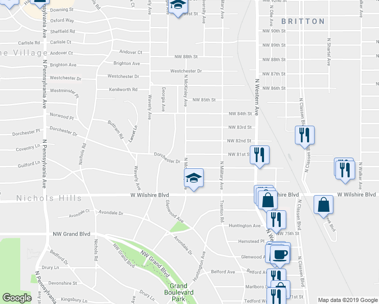 map of restaurants, bars, coffee shops, grocery stores, and more near 1323 Northwest 81st Street in Oklahoma City