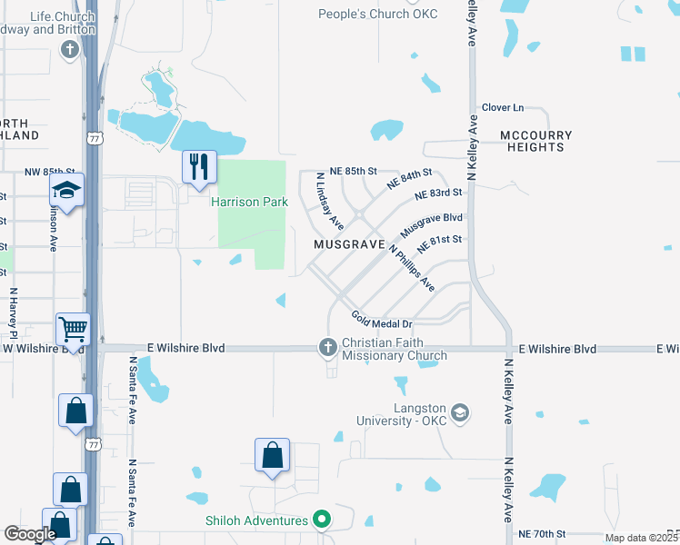 map of restaurants, bars, coffee shops, grocery stores, and more near 708 Northeast 83rd Street in Oklahoma City