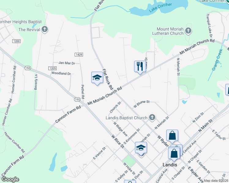 map of restaurants, bars, coffee shops, grocery stores, and more near 801 West Ryder Avenue in Landis
