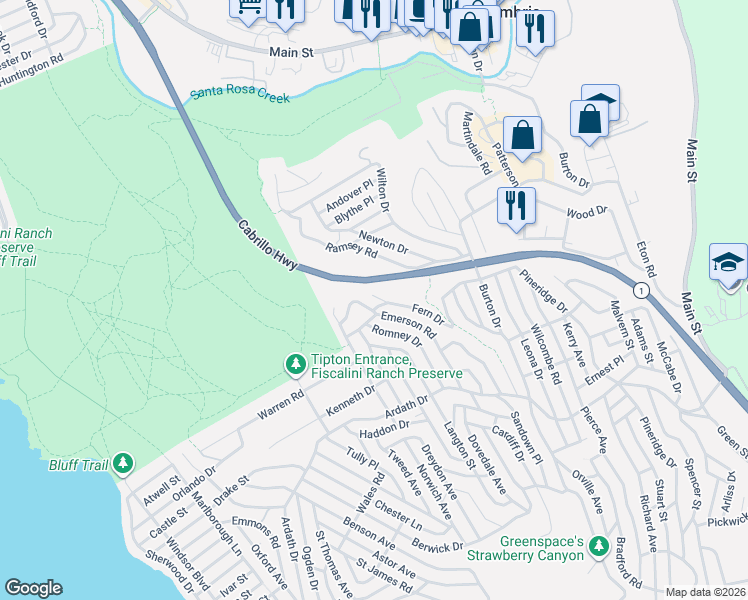 map of restaurants, bars, coffee shops, grocery stores, and more near 1850 Fern Drive in Cambria