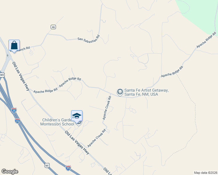 map of restaurants, bars, coffee shops, grocery stores, and more near 71 Apache Ridge Road in Santa Fe