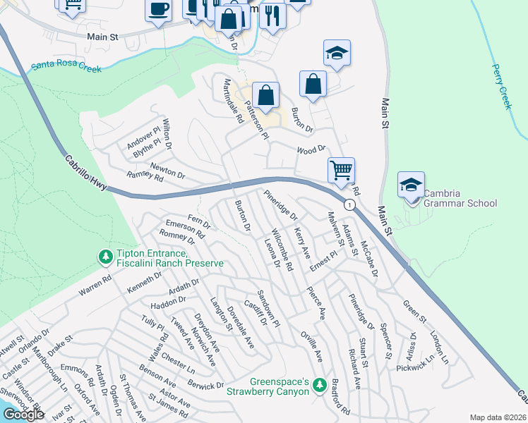 map of restaurants, bars, coffee shops, grocery stores, and more near 2399 Wilcombe Road in Cambria