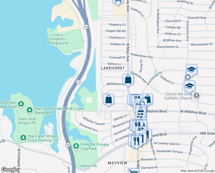 map of restaurants, bars, coffee shops, grocery stores, and more near 8200 Lakehurst Drive in Oklahoma City
