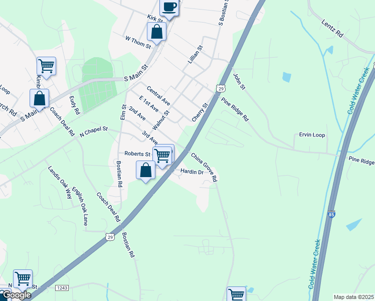 map of restaurants, bars, coffee shops, grocery stores, and more near 140 2nd Avenue in China Grove