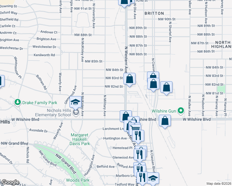map of restaurants, bars, coffee shops, grocery stores, and more near 1132 Northwest 82nd Street in Oklahoma City