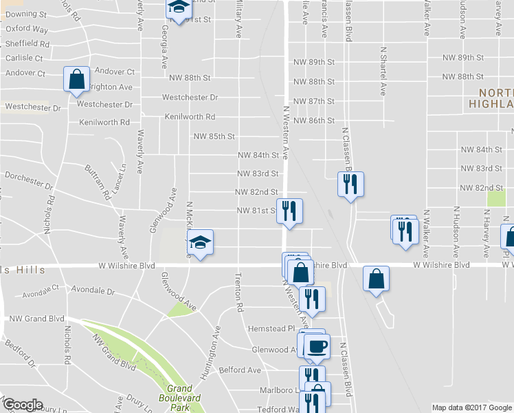 map of restaurants, bars, coffee shops, grocery stores, and more near 1132 Northwest 82nd Street in Oklahoma City