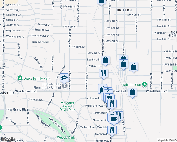 map of restaurants, bars, coffee shops, grocery stores, and more near 1200 Northwest 82nd Street in Oklahoma City