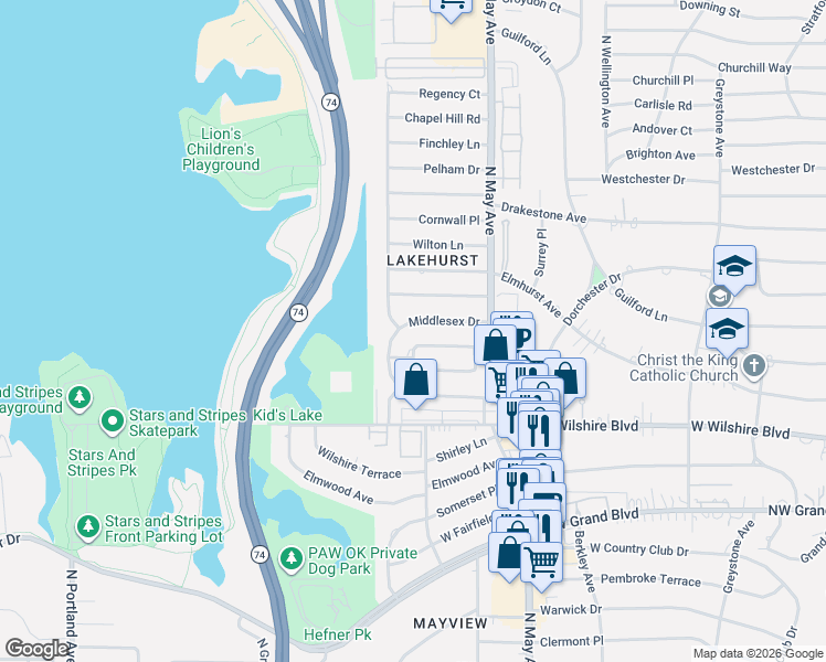 map of restaurants, bars, coffee shops, grocery stores, and more near 8200 Lakehurst Drive in Oklahoma City