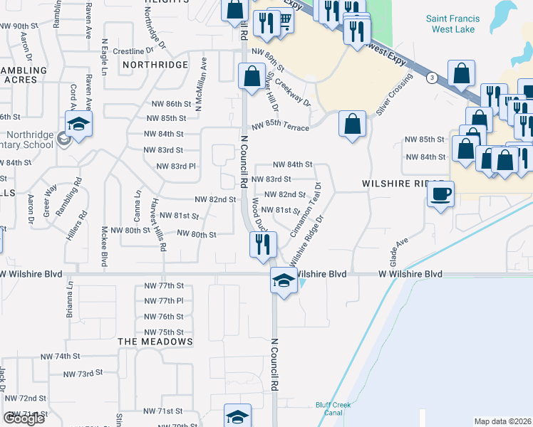 map of restaurants, bars, coffee shops, grocery stores, and more near 7833 Northwest 81st Street in Oklahoma City