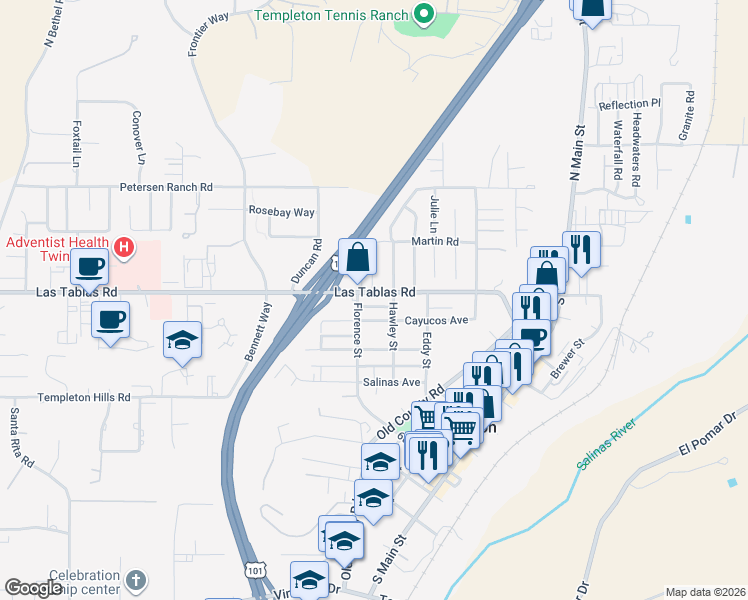 map of restaurants, bars, coffee shops, grocery stores, and more near 196 Rowan Way in Templeton