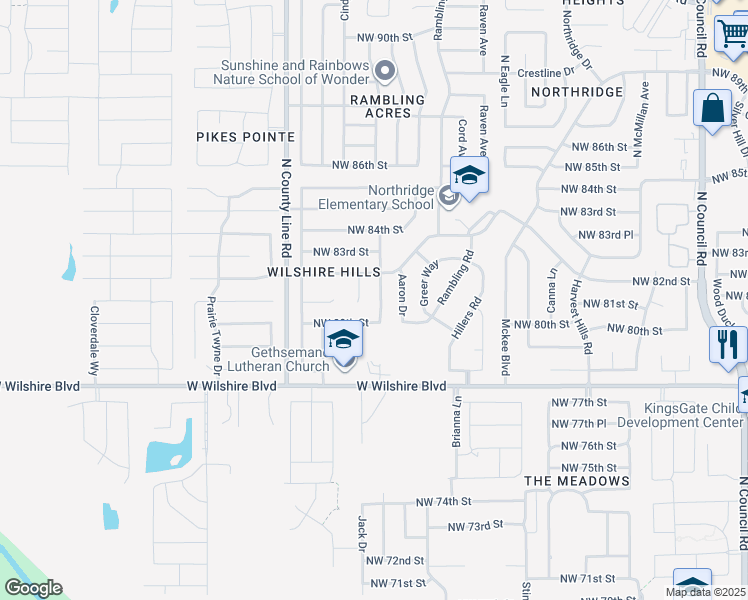 map of restaurants, bars, coffee shops, grocery stores, and more near 8217 Karla Lane in Oklahoma City