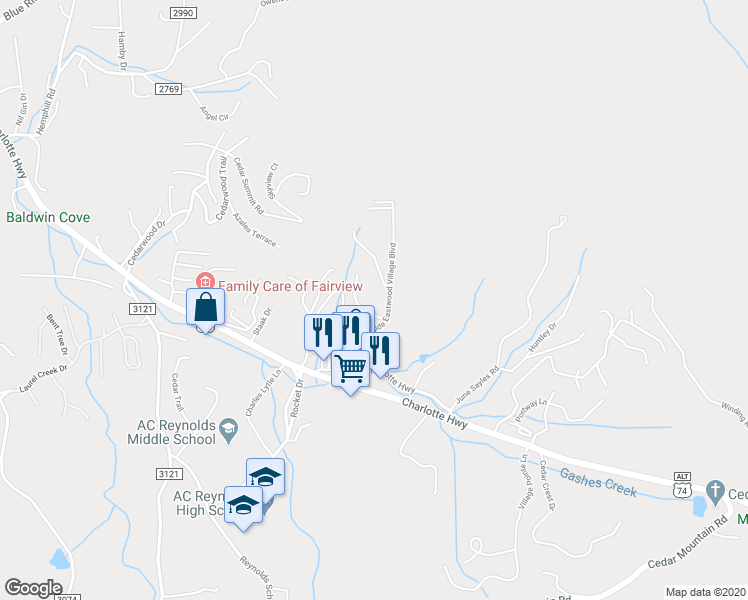 map of restaurants, bars, coffee shops, grocery stores, and more near 26 Olde Eastwood Village Boulevard in Asheville