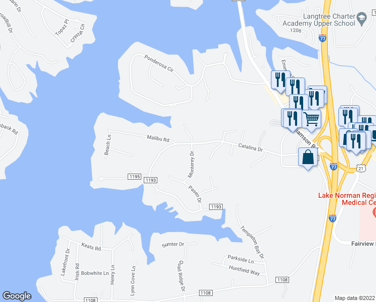 map of restaurants, bars, coffee shops, grocery stores, and more near 108 Monterey Drive in Mooresville