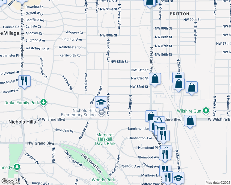 map of restaurants, bars, coffee shops, grocery stores, and more near 1307 Northwest 81st Street in Oklahoma City