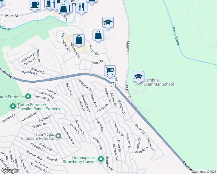 map of restaurants, bars, coffee shops, grocery stores, and more near 2422 Malvern Street in Cambria