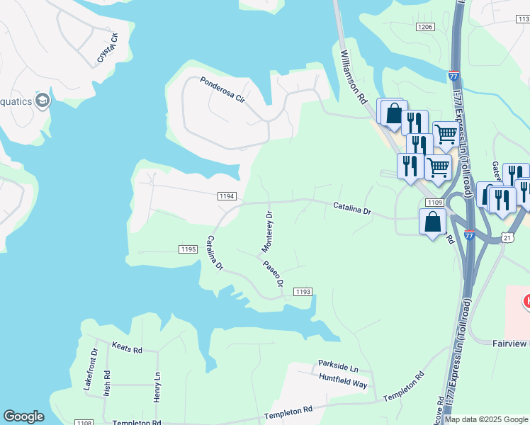 map of restaurants, bars, coffee shops, grocery stores, and more near 108 Monterey Drive in Mooresville