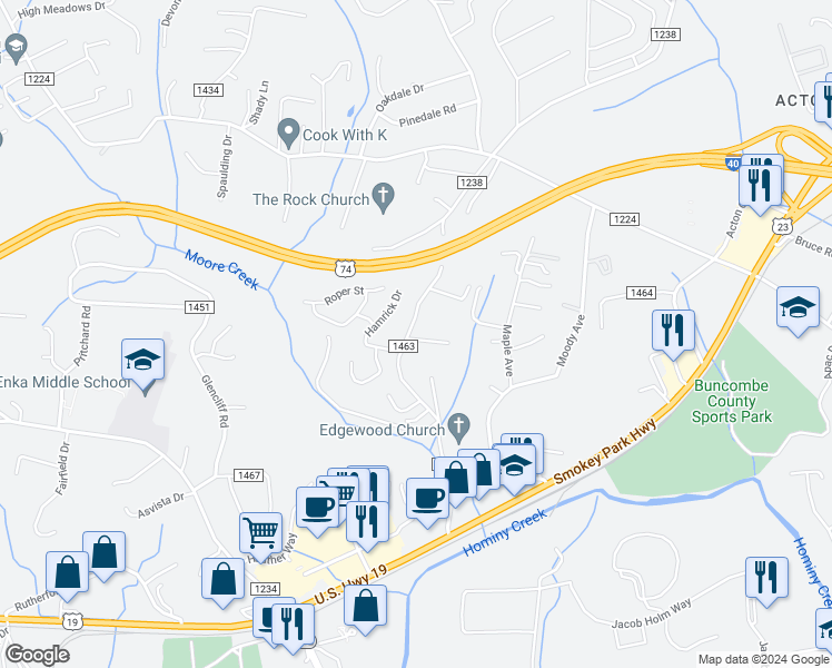 map of restaurants, bars, coffee shops, grocery stores, and more near 200 Lower Edgewood Road in Candler