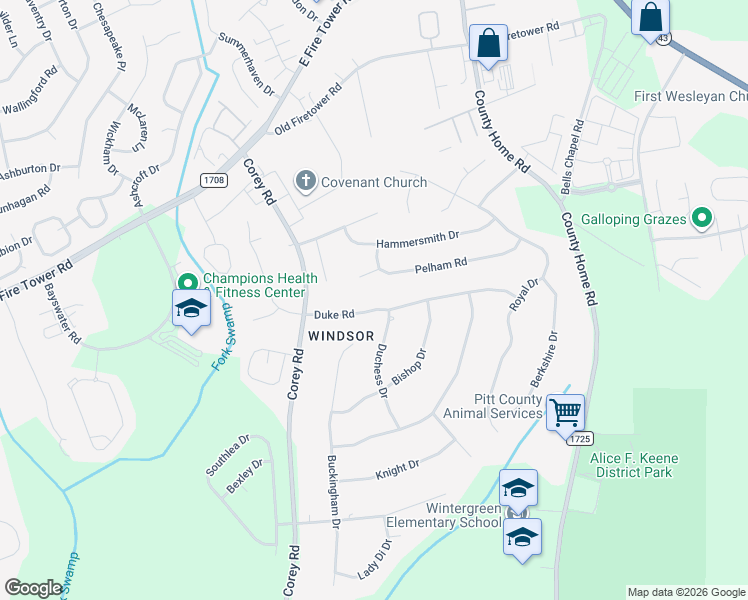 map of restaurants, bars, coffee shops, grocery stores, and more near 113 Duke Road in Winterville