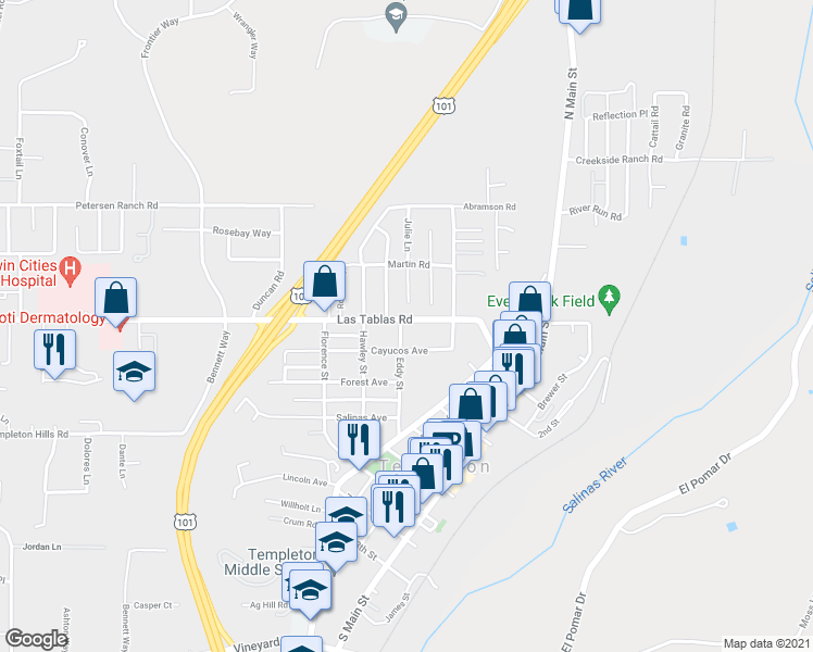 map of restaurants, bars, coffee shops, grocery stores, and more near 499 Las Tablas Road in Templeton