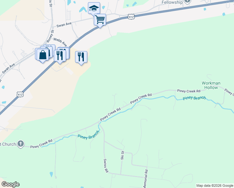 map of restaurants, bars, coffee shops, grocery stores, and more near 125 Virgie Harper Road in Hohenwald